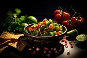 AI generated Salsa in bowl, served with vegetables on wooden table. Traditional Mexican dish. On dark background. Ideal for cooking, restaurant advertisements, cookbooks, food magazines and recipe photo