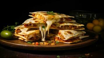 ai generado plato de mexicano quesadillas con Espinacas y queso, adornado con Lima y hierbas, presentado en un de madera mesa en contra un oscuro antecedentes. Perfecto para comida y restaurante temas foto