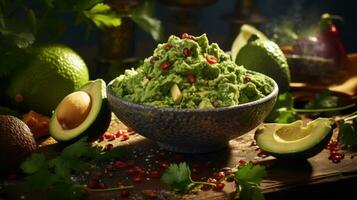 AI generated Guacamole. A snack made from avocado pulp with tomatoes, cilantro, vegetables, lime and spices. Traditional Mexican dish. On dark background. For food blog, restaurant, cafe, menu photo