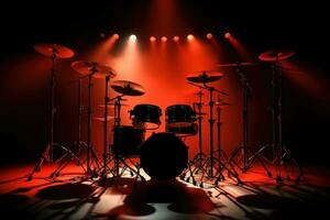 AI generated A drum set on stage illuminated by red and orange lights ready to perform. Drum kit on dark background. Ideal for music-related content. percussion photo