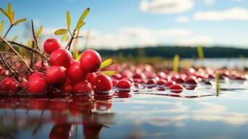 AI generated Cranberry growing in its natural environment in nature. Close up of red berries with green leaves on a sunny day. Ideal for food and nature related projects photo