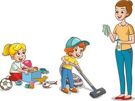 vector ilustración de dibujos animados chico y niña limpieza el vivo habitación con vacío limpiador
