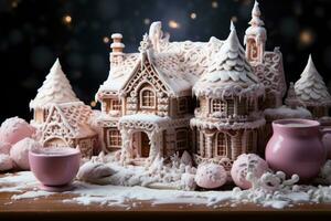 AI generated Close up scene featuring gingerbread house cookies amidst a dusting of powdered sugar snow forming a winter wonderland tableau, christmas background photo