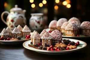 AI generated Festive table setting with gingerbread houses, christmas wallpaper photo