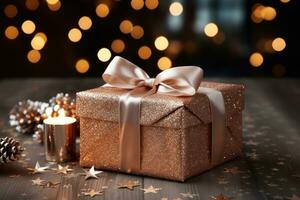 AI generated Festive gift box with a radiant bow displayed on a rustic wooden table against a backdrop of snowflakes, merry christmas images photo