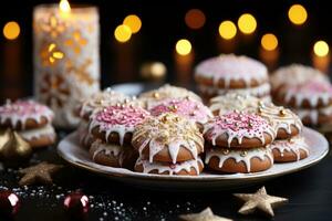 AI generated Close up scene featuring gingerbread house cookies resting on a plate surrounded by cheerful ornaments and a glimmering of edible glitter, christmas background photo