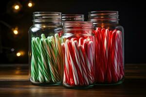 ai generado caramelo bastones desplegado en un decorativo frasco, alegre Navidad imágenes foto