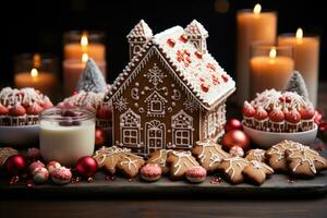 AI generated Close up scene of a gingerbread house as the centerpiece surrounded by a plethora of delectable christmas cookies, christmas picture photo