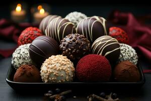 AI generated Chocolate truffles arranged in the form of a christmas ornament, xmas images photo