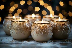 ai generado velas adornado con delicado copos de nieve en un festivo mostrar, Navidad antecedentes foto