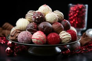 AI generated Exquisite holiday chocolate truffles artfully arranged on a tiered stand, christmas background photo