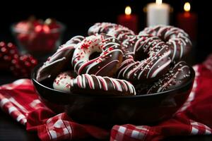 AI generated Holiday indulgence captured in a sweet composition of chocolate covered pretzels and peppermint bark, merry christmas images photo