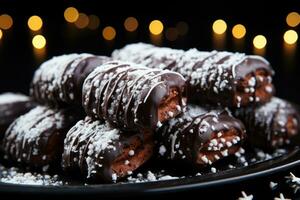 ai generado chocolate pretzels adornado con comestible brillar para el vacaciones, Navidad fondo de pantalla foto
