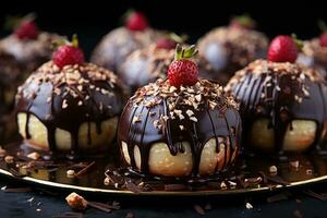 ai generado complacer en elegancia con chocolate cubierto fresas acentuado por comestible oro hoja, Navidad fondo de pantalla foto