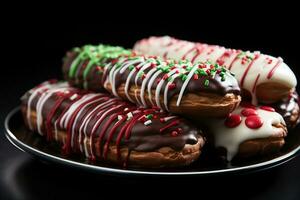 ai generado un fiesta giro en clásico chocolate pretzels con rojo y verde llovizna, Navidad antecedentes foto