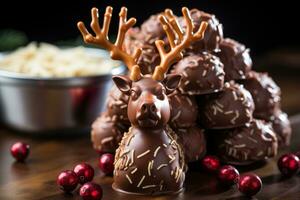 ai generado chocolate cubierto Almendras formando un reno deleitar, Navidad fondo de pantalla foto