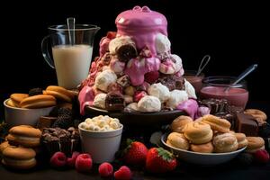 AI generated Dynamic shot of a chocolate fondue fountain surrounded by marshmallows fruits and holiday cookies, christmas background photo