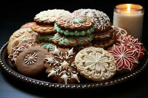 AI generated Close up scene featuring christmas cookies arranged in a swirl centered around a gingerbread house cookie, merry christmas images photo