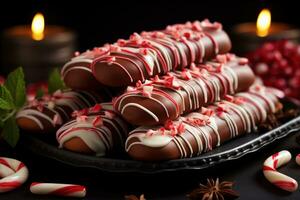 AI generated Tempting close up of peppermint sticks drenched in rich chocolate, christmas picture photo