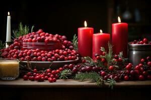 ai generado aromático y vistoso mesa escena con velas arándanos y Romero, Navidad imagen foto