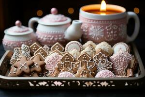 AI generated Close up scene featuring gingerbread house cookies resting on a vintage tray adorned with miniature holiday figures and props, xmas images photo