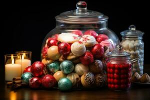 ai generado Navidad dulces desplegado en un Clásico inspirado caramelo tarro con suave calentar Encendiendo, Navidad imágenes foto