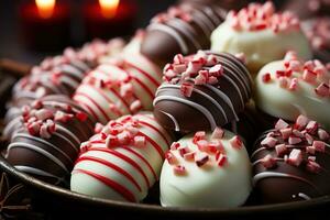AI generated Festive chocolate dipped peppermint sticks close up for a flavorful treat, merry christmas images photo