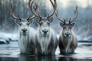 AI generated A captivating winter scene with reindeer and reflective icy pond, christmas wallpaper photo