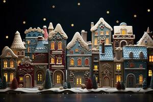 AI generated Close up scene of a holiday village created from gingerbread house cookies each adorned with unique and delightful decorations, merry christmas images photo