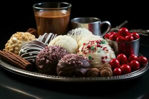 ai generado un celebracion de dulces con chocolate trufas y fiesta galletas, Navidad antecedentes foto