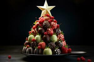 AI generated A christmas tree made of chocolate covered strawberries adorned with holiday sprinkles, christmas wallpaper photo