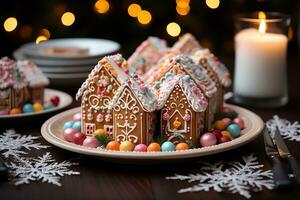 AI generated Close up shot of gingerbread house cookies on a holiday table decorated with a array of colorful ornaments and props, christmas wallpaper photo