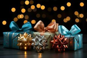 AI generated Sparkling star made of gifts amidst a festive holiday scene, christmas background photo