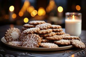 AI generated Close up of christmas cookies artfully arranged in a swirl design with a central focus on a gingerbread house cookie, christmas picture photo