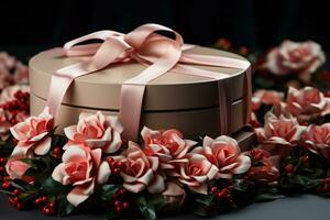 AI generated A holiday themed gift box featuring a close up of a miniature wreath for a touch of natural elegance, merry christmas images photo