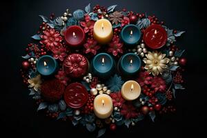 AI generated Celebrate the season with a candle wreath adorned in holiday symbols, christmas background photo