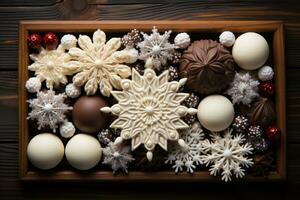 ai generado festivo copo de nieve de chocolates y golosinas en rústico madera, Navidad imagen foto