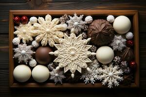 AI generated Festive snowflake of chocolates and candies on rustic wood, christmas picture photo