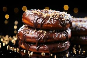 AI generated Close up of chocolate covered pretzels with edible glitter, christmas background photo