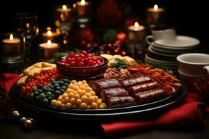AI generated An artful arrangement of holiday gifts showcased on a decorative platter, christmas wallpaper photo