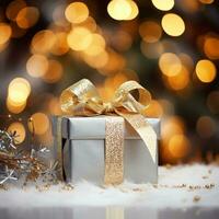 AI generated gold and silver gift box with a bow on top, surrounded by Christmas tree branches and twinkling lights. photo