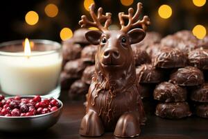 ai generado complacer en el fiesta espíritu con un caprichoso reno hecho de chocolate cubierto Almendras, alegre Navidad imágenes foto