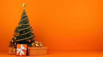 AI generated A bright orange background with a small Christmas tree and a few gift boxes placed around it photo