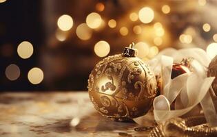 AI generated christmas background with snow and golden balls with green trees in the snow. photo
