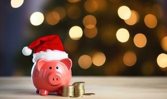 AI generated christmas piggy bank in santa hat with christmas lights on red background photo