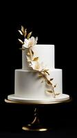 AI generated A simple and elegant white wedding cake with gold accents. photo