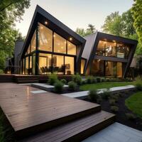 AI generated modern home with a striking angular design features a beautiful wooden deck and lush landscaping photo