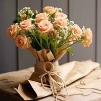 AI generated A bouquet of flowers wrapped in brown paper and tied with twine, a simple yet elegant way photo