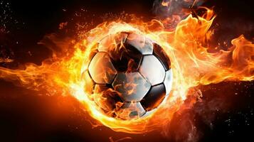 ai generado un llamativo imagen de un fútbol pelota en fuego, representando pasión y energía foto