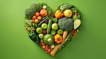 AI generated vegetables and fruit made into a heart shape over green background photo